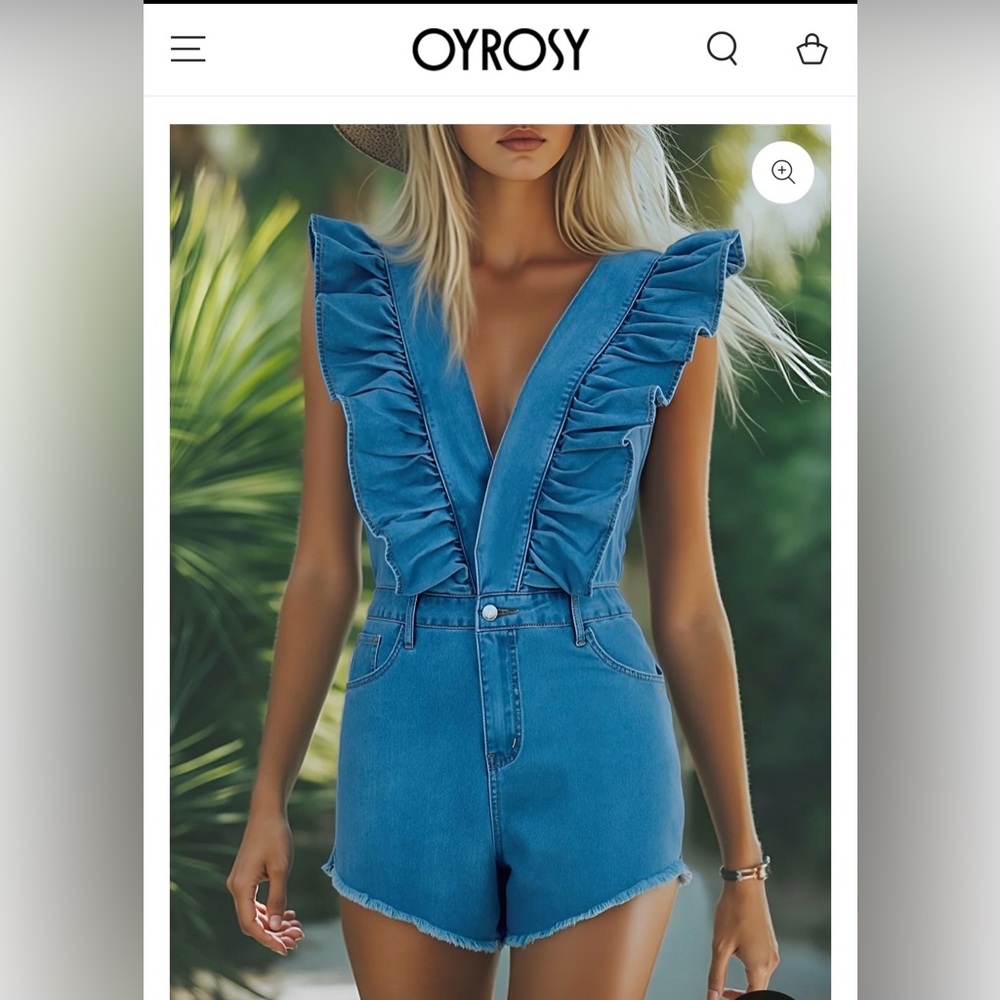 Oyrosy Fashionable Ruffle Strap Denim Shorts Jumpsuit/ Romper